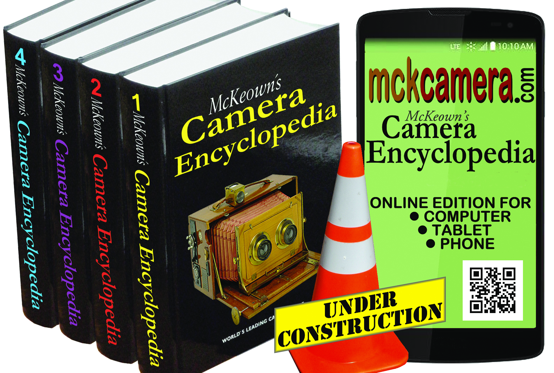 The four volumes of McKeown's Camera Encyclopedia next to a phone showing the online edition, with an 'under construction' cone